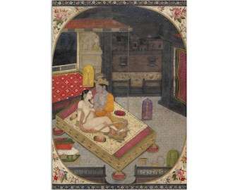 Lámina vintage de Radha Krishna, póster de arte indio sensual