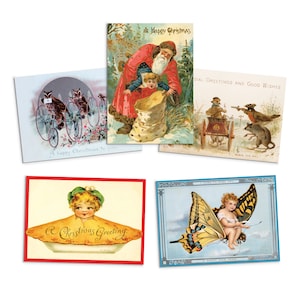 Cartes de vœux Victorienne Bizarre Carte de Noël Ensemble de 5 Arbres de Noël Nouvel An Hiver Anglais Britannique Vieux vintage Rétro Père Noël Drôle Effrayant Unique