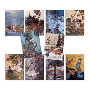 Märchen Illustrationen Kunst Postkarten 10er Set - Postkarte Drucke Pack Edmund Dulac Prinzessin Hübsche Feen Fee Meerjungfrau Karten