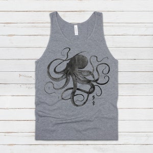 Octopus Calligraphie japonaise Débardeur Gyotaku Traditionnel Ukiyo-e Japon Kanji Anime Manga Kyoto Kawaii Femmes Hommes Imprimé Gilet Cami Tee Gris