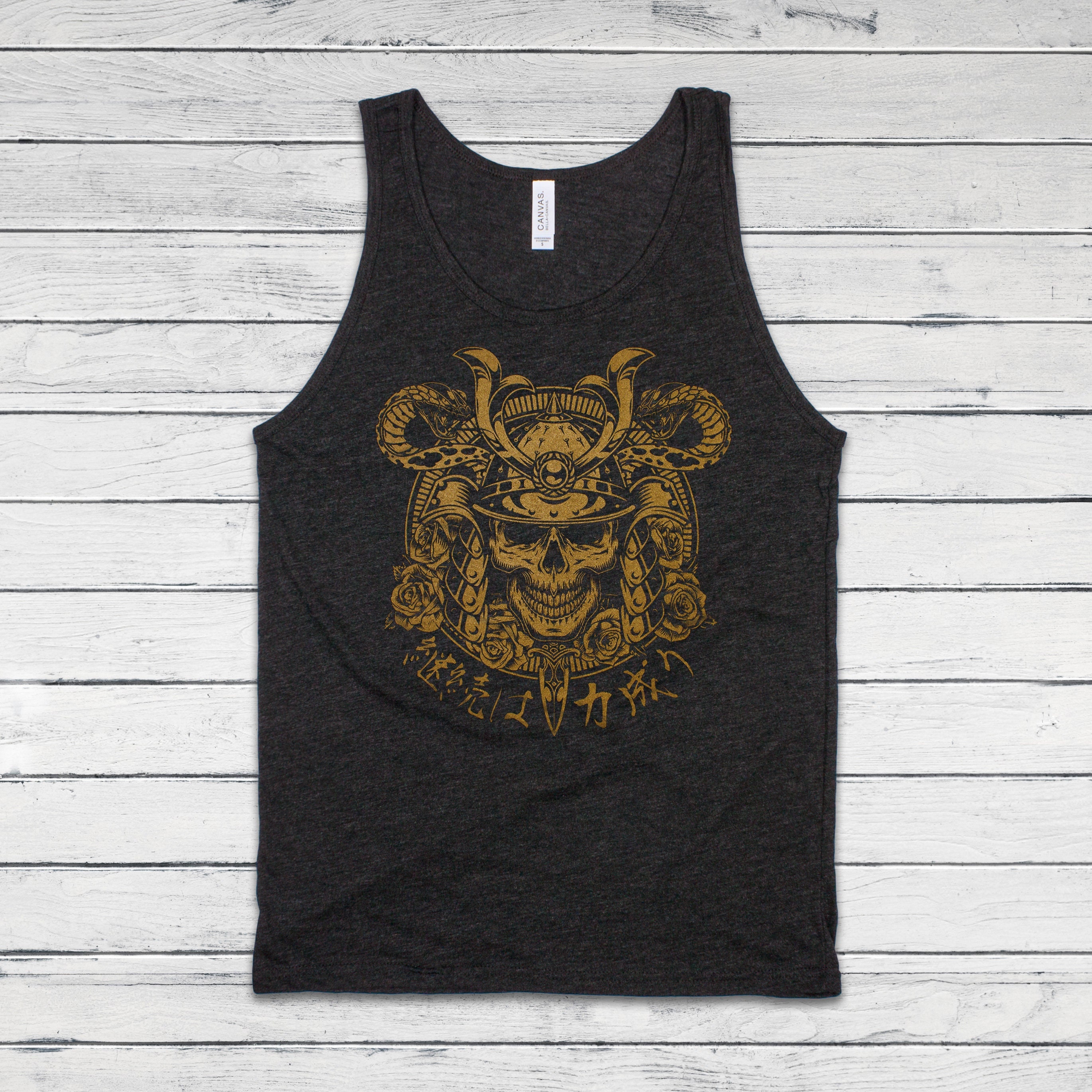 Japanese Samurai Calligraphy Tank Top Traditional Art Ukiyo-e Tattoo Skull Armour Yoroi Kanji Anime Manga Womens Men Printed Vest Cami Tee