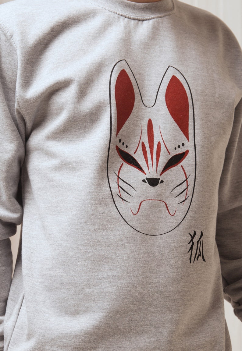 Japanese Sweatshirt Kitsune Fox Mask Kitsunemen Calligraphy Kanji Inari Japan Anime Manga Kawaii Graphic Printed Pullover Sweater Jumper image 3