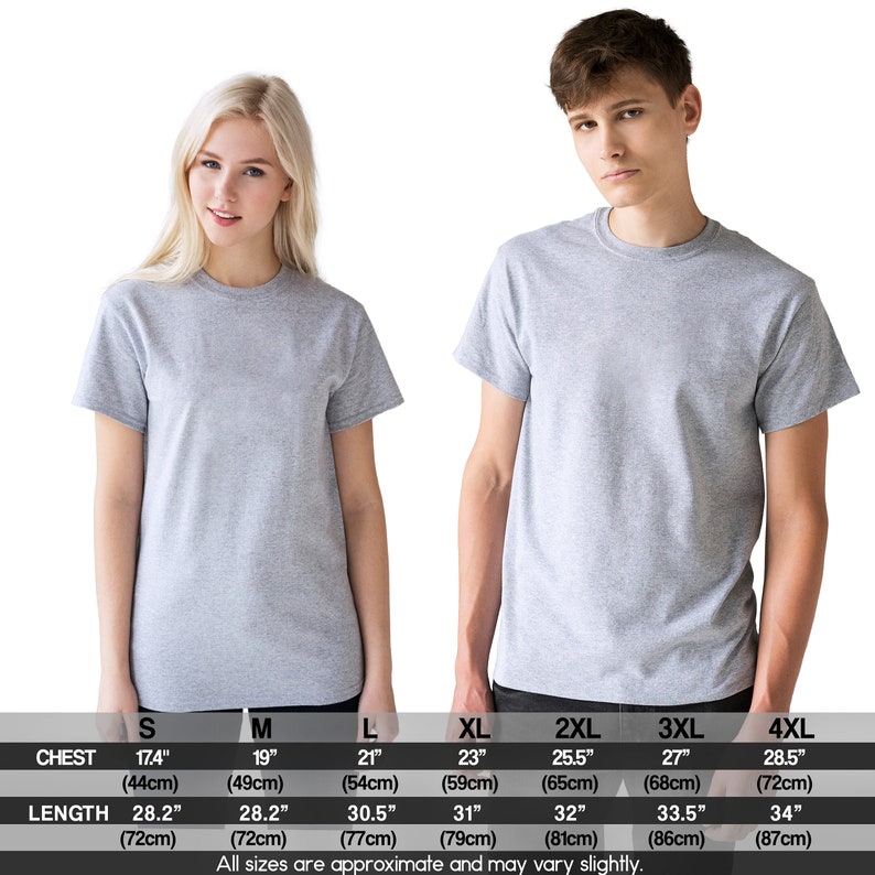 K&ouml;nnte beinhalten: Gr&ouml;&szlig;entabelle f&uuml;r ein T-Shirt mit Ma&szlig;en in Zoll und Zentimetern. Die Tabelle zeigt die Brust- und L&auml;ngenma&szlig;e f&uuml;r die Gr&ouml;&szlig;en S, M, L, XL, 2XL, 3XL und 4XL.