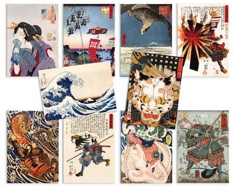 Lot de 10 cartes postales d'art japonaises Ukiyo-e - Pack d'impressions de cartes postales Impression d'art sur bois Esthétique Hokusai Samurai Octopus Geisha Cards Gift