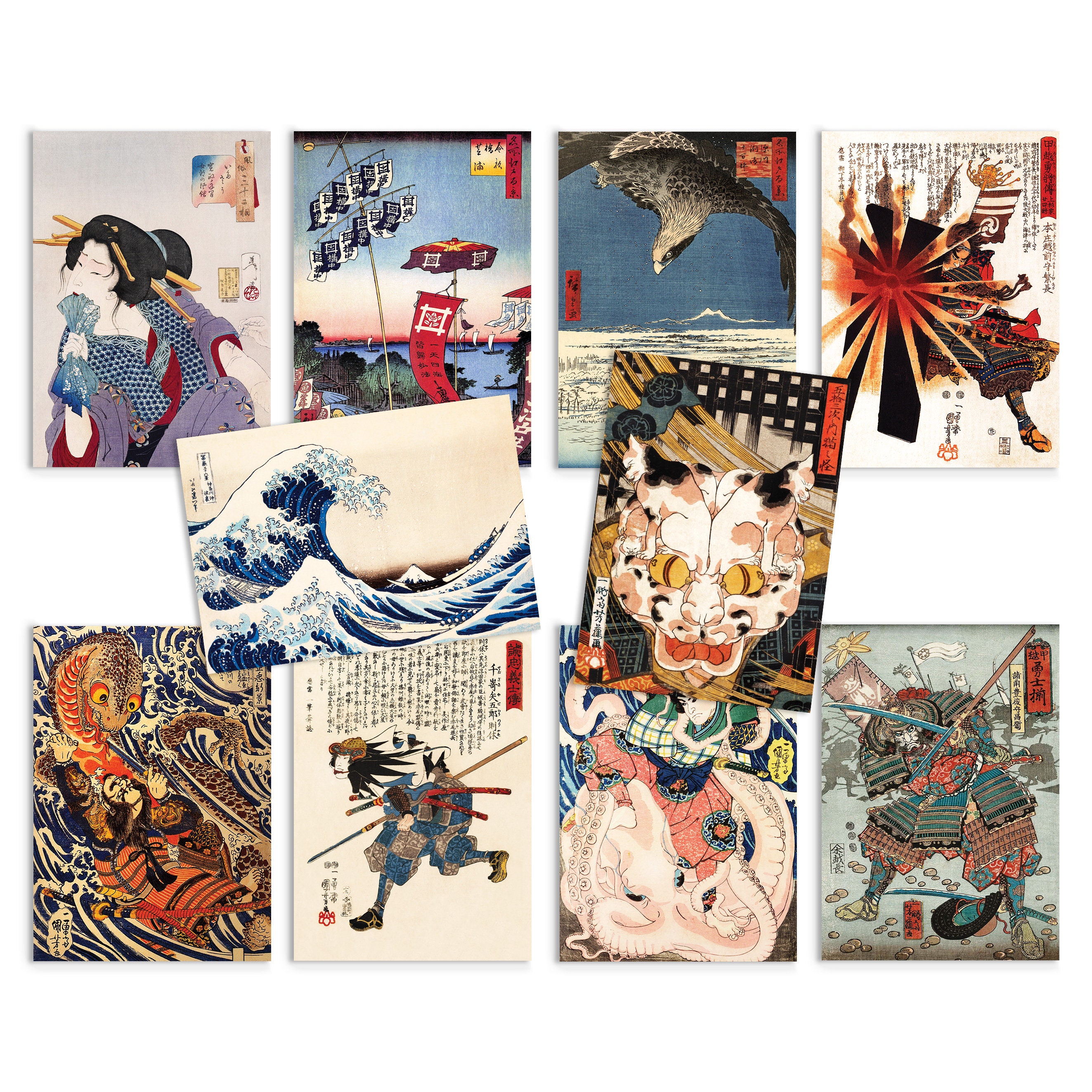 Japanese Ukiyo-e Art Postcards Set of 10 Postcard Prints Pack Woodblock Art  Print Aesthetic Hokusai Samurai Octopus Geisha Cards Gift 