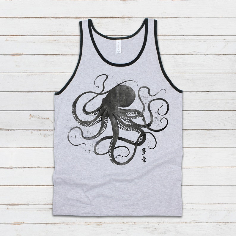 Octopus Calligraphie japonaise Débardeur Gyotaku Traditionnel Ukiyo-e Japon Kanji Anime Manga Kyoto Kawaii Femmes Hommes Imprimé Gilet Cami Tee Ringer Grey