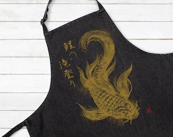 Koi Carp Japanese Calligraphy Printed Apron Baking Cooking Japan Anime Traditional Fish Chef Womens Mens Full Length One Size Gifts Gift