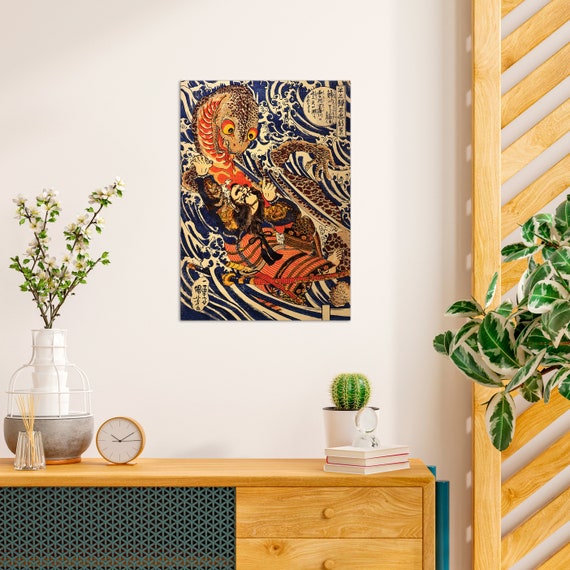 侍対サンショウウオの浮世絵版画、日本の木版画アート A3 - Etsy 日本