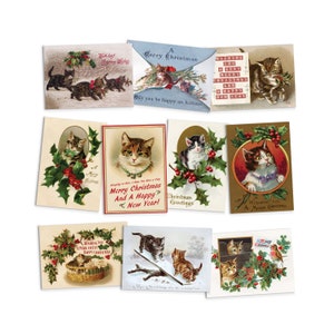 Wiktoriańskie kartki okolicznościowe Zestaw 10 kartek świątecznych Choinka Nowy Rok Zima Edwardiańskie Angielskie Brytyjskie Vintage Retro Święty Mikołaj Koty Kocięta Słodkie