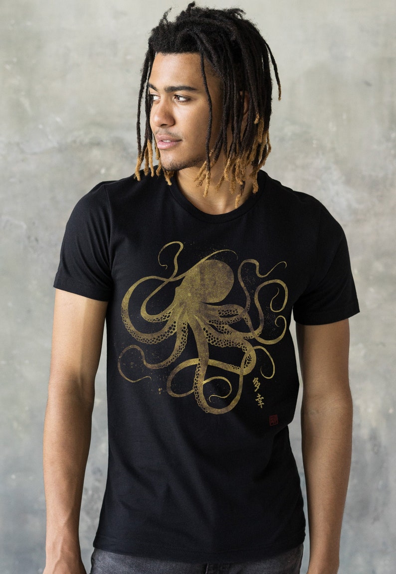 Octopus Japanese Calligraphy T Shirt Gyotaku Traditional Art Japan Anime Manga Gold Print Yoga Martial Arts Samurai Mens Womens Printed Tee image 1