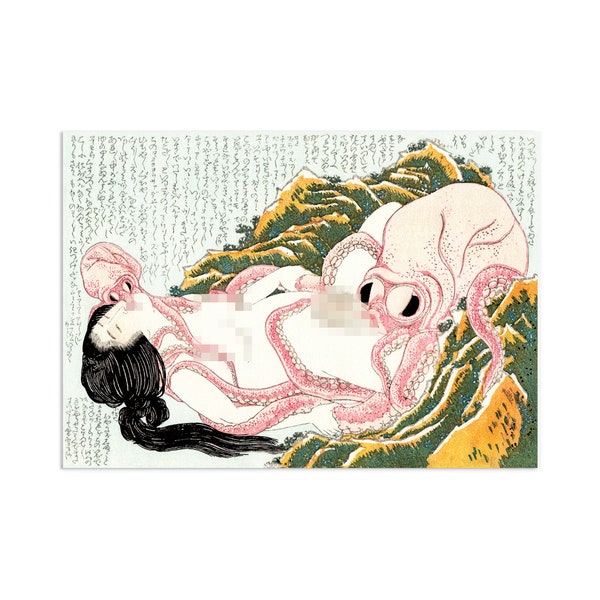 Japonais Ukiyo-e Art Print Poster Woodblock Wall Art Hokusai Ama Diver Octopuses Shunga Tattoo Ink Beautiful Japan Calligraphy Sensual A3