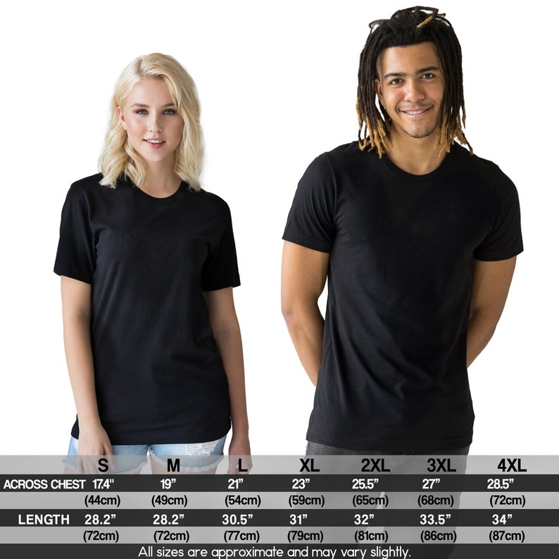 May include: Size chart for a black t-shirt with measurements in inches and centimeters. The chart shows the measurements for across chest and length for sizes S, M, L, XL, 2XL, 3XL, and 4XL.