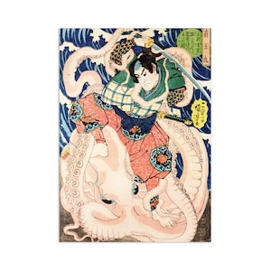 Japanese Ukiyo-e Art Print Poster Woodblock Wall Art Utagawa Kuniyoshi Samurai Octopus Sword Tattoo Beautiful Japan Calligraphy Bushido  A3