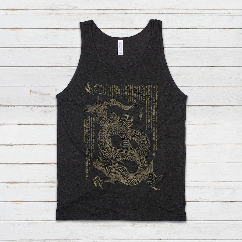 Japanese Tank Top Dragon Ryu Japan Traditional Chinese Ukiyo-e Dragon Naga Yoga Martial Arts Anime Manga Gym Mens Womens Printed Vest Cami Black (Gold Print)