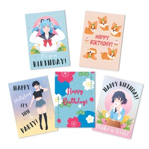 Feliz aniversário estilo japonês cartões conjunto de 5 pacotes kawaii bonito bonito estético anime manga menina corgi cachorro sakura mix
