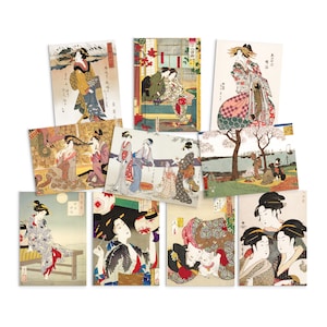 Japanische Ukiyo-e Kunst Postkarten Set von 10 Postkarten Drucke Pack Holzschnitt Kunstdruck Ästhetische Hokusai Maiko Katze Kimono Geisha Karten Niedliches Geschenk