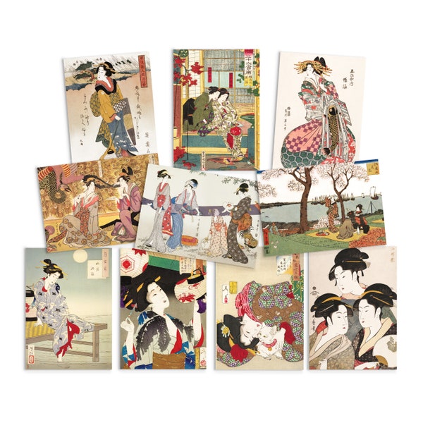 Japanese Ukiyo-e Art Postcards Set of 10  Postcard Prints Pack Woodblock Art Print Aesthetic Hokusai Maiko Cat Kimono Geisha Cards Cute Gift