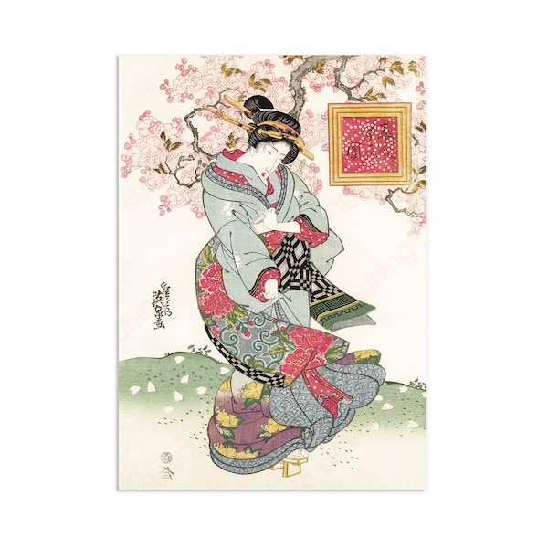 Japanese Ukiyo-e Art Print Poster Woodblock Wall Art Keisai Eisen Geisha Maiko Sakura Plum Blossom Tattoo Beautiful Japan Calligraphy Cute