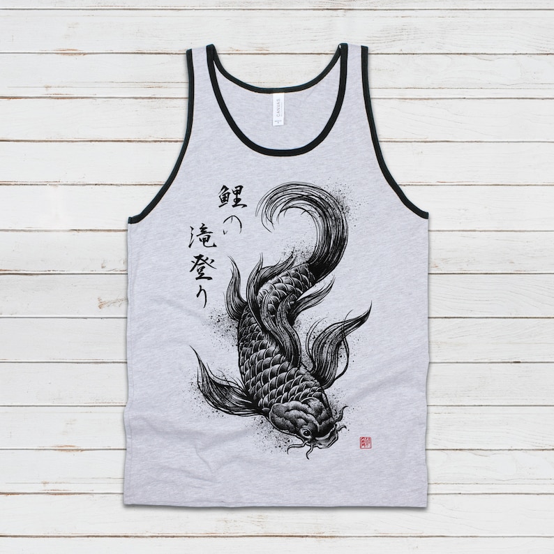 Koi Carp Japanese Calligraphy Tank Top Gyotaku Traditional Art Ukiyo-e Japan Kanji Anime Manga Kyoto Kawaii Womens Men Printed Vest Cami Tee Ringer Grey