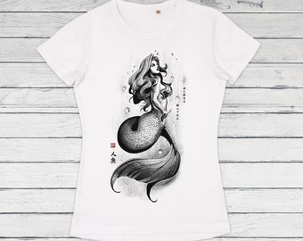 Mermaid Japanese Calligraphy T Shirt: Gyotaku Siren Queen Tee