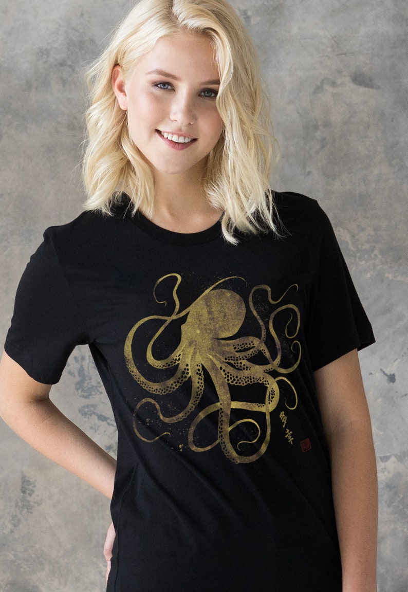 Octopus Japanese Calligraphy T Shirt Gyotaku Traditional Art Japan Anime Manga Gold Print Yoga Martial Arts Samurai Mens Womens Printed Tee image 6