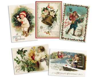 May include: Set of five vintage Christmas cards featuring illustrations of children, a bell, holly, and a Father Christmas flying in an aeroplane. The cards have a red, green, and white colour scheme and include the text "A Merry Christmas", "Day your Christmas be happy", "A Merry Christmas", "Merry Xmas", and "A Joyful Christmas".