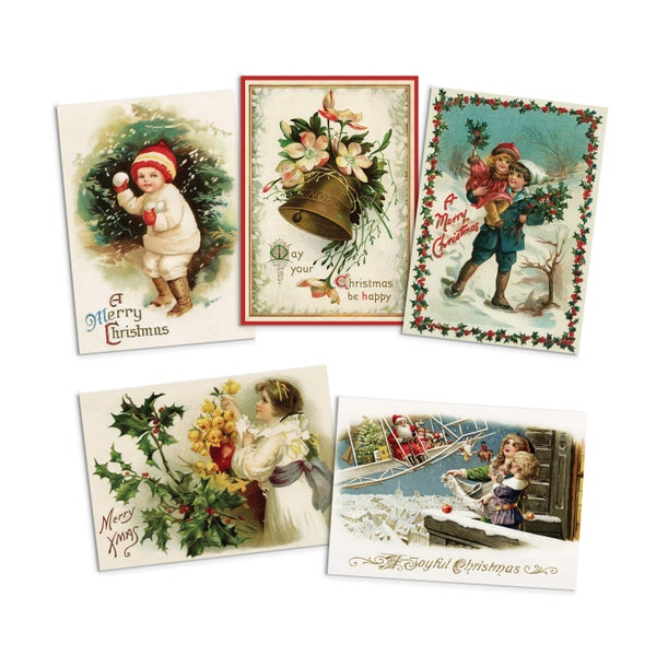 Victorian Greeting Cards Christmas Card Set Xmas Tree New Year Winter Edwardian English British Vintage Retro Santa Robin Angel Cute Antique