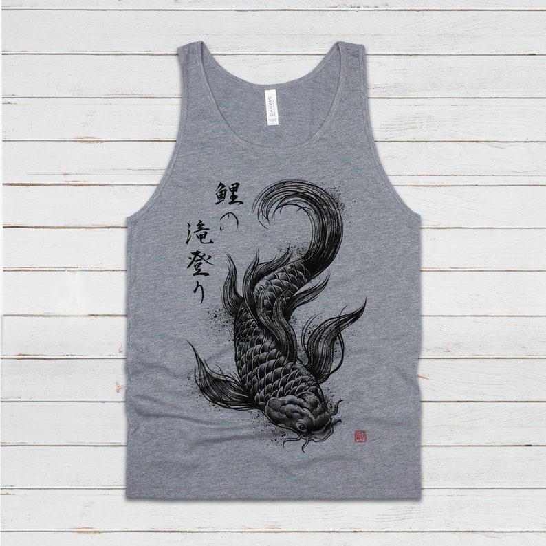 Koi Carp Japanese Calligraphy Tank Top Gyotaku Traditional Art Ukiyo-e Japan Kanji Anime Manga Kyoto Kawaii Womens Men Printed Vest Cami Tee Gray