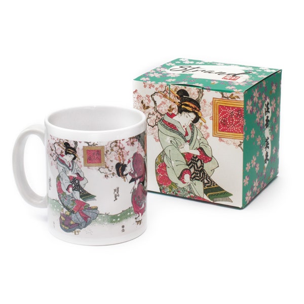 Japanese Ukiyo-e Art  Mug Cup with a Box Boxed Woodblock Print Keisai Eisen Bijin Geisha Maiko Kimono Beautiful Cute Kawaii Japan Gift