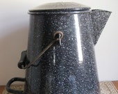 Vintage Enamelware US Navy Water Pitcher Coffee Pot-The Volrath Co. For The USN-Large Blue White Speckled Cowboy Coffee Pot-NICE