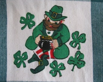 Vintage Irish Linen Kitchen Tea Towel-WYSIWYG Brand-Made in India-100% Cotton-Leprechauns, Clovers and Pot of Gold...Reshopgoods