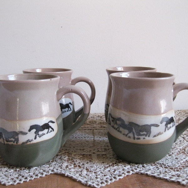 Vintage Otagiri Japan Coffee Mugs-Pottery Horses-Handcrafted Earth Tones-Set of 4-Equine Country Theme Tableware...Reshopgoods