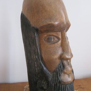 Vintage Jamaican Wooden Man Carving-Bald Head,Long Beard,Split Moustache-Folk Art Carved Hardwood Tree Branch...Reshopgoods