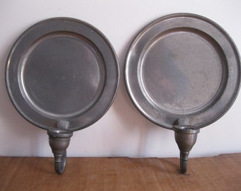 Vintage Woodbury Pewter Wall Plate Candle Holders - 8" Round Sconces With Makers Mark On Back - Country Farmhouse...Reshopgoods