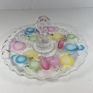 Vintage Handpainted Fostoria Century Tray Centerpiece Glass Handle 11.5&quot;, Balloon Design, Party Dish