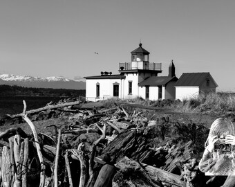 West Point Lighthouse B&W - INSTANT Digital DOWNLOAD - The Discovery Park Lighthouse in the Magnolia neighborhood of Seattle, WA .