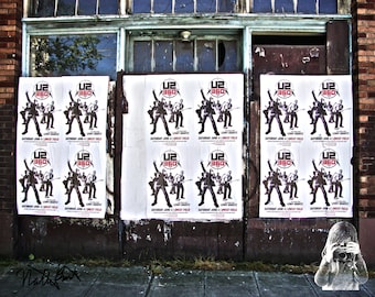 U2 Seattle - INSTANT DIGITAL Download - Pasted posters advertise a U2 360 Show in Seattle, WA, on a building in the historic Pioneer Square.