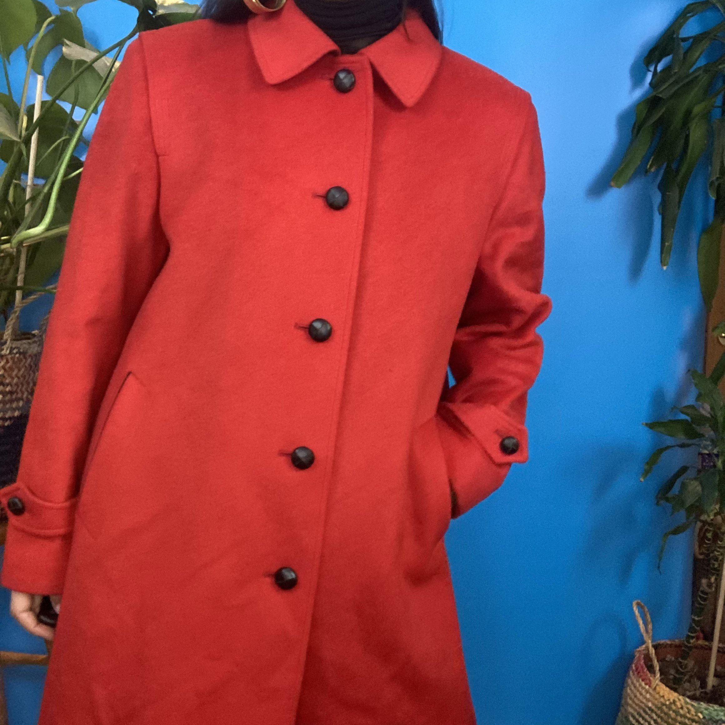 Red pea coat best sale outfits