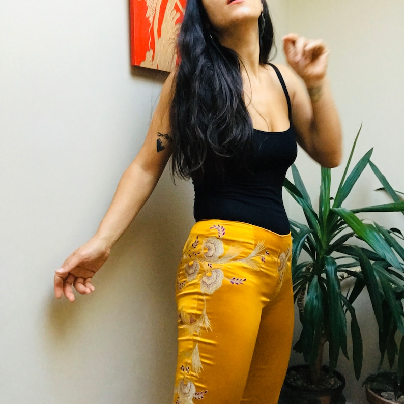 P.A.R.O.SH Satin Embroidered Floral Birds Yellow Trousers