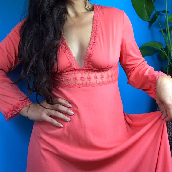 Vintage 70s Maxi Lingerie Dress Orange Nightgown N
