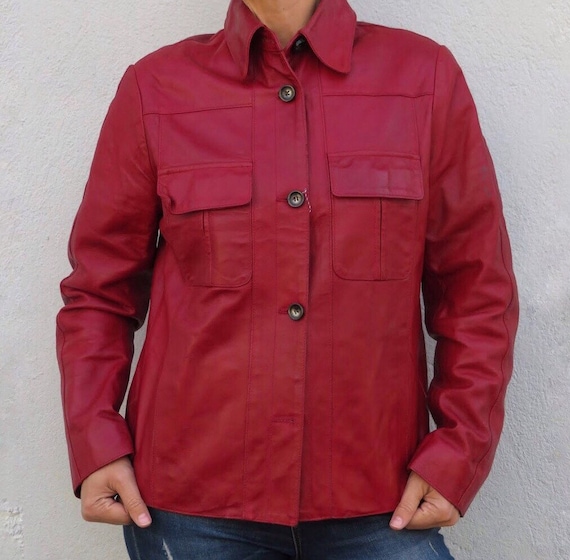 Vintage Leather Jacket Leather Shirt 80s 90s Red R