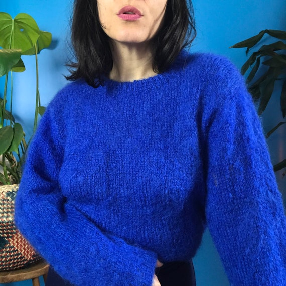 Vintage 80s MOHAIR Jumper Blue Handmade Sweater Si