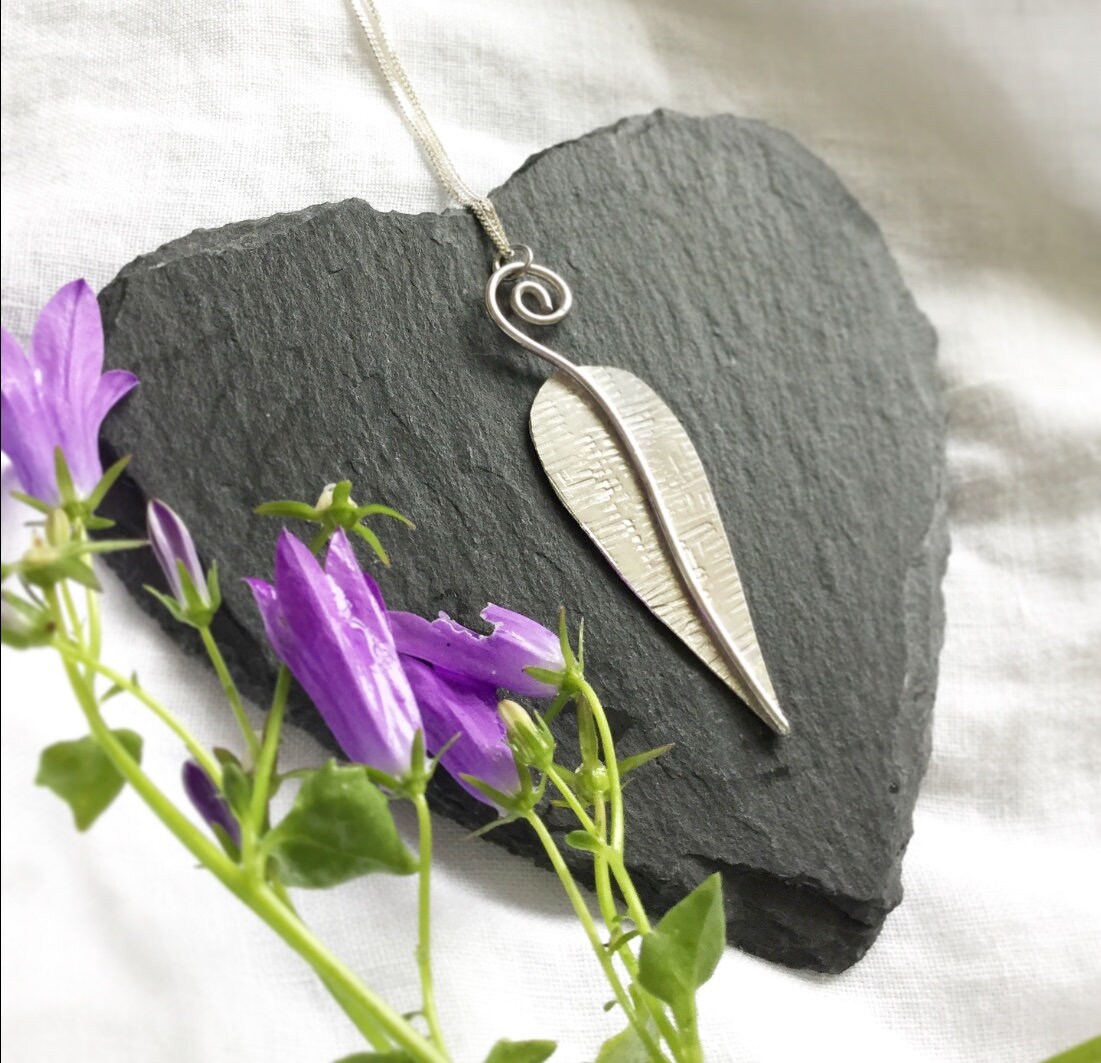 leaf jewellery, silver leaf with spiral Silver pointy leaf necklace