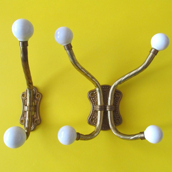 Vintage brass hook with porcelain ball ends Double or Quadruple - You choose Wall mount coat hook Home decor