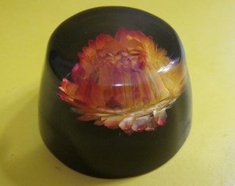 Vintage Paperweight Lucite or Acrylic Dried Yellow flower Felt bottom desk decor