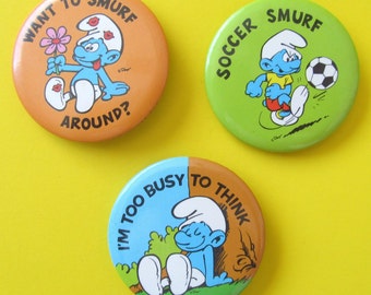 Vintage SMURF pinback buttons 3 pcs  2 1/4 in dia Made in USA