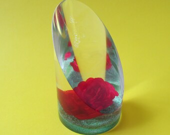 Vintage lucite Resin paperweight with rose flower embedded Clear Acrylic floral desk decor Canada