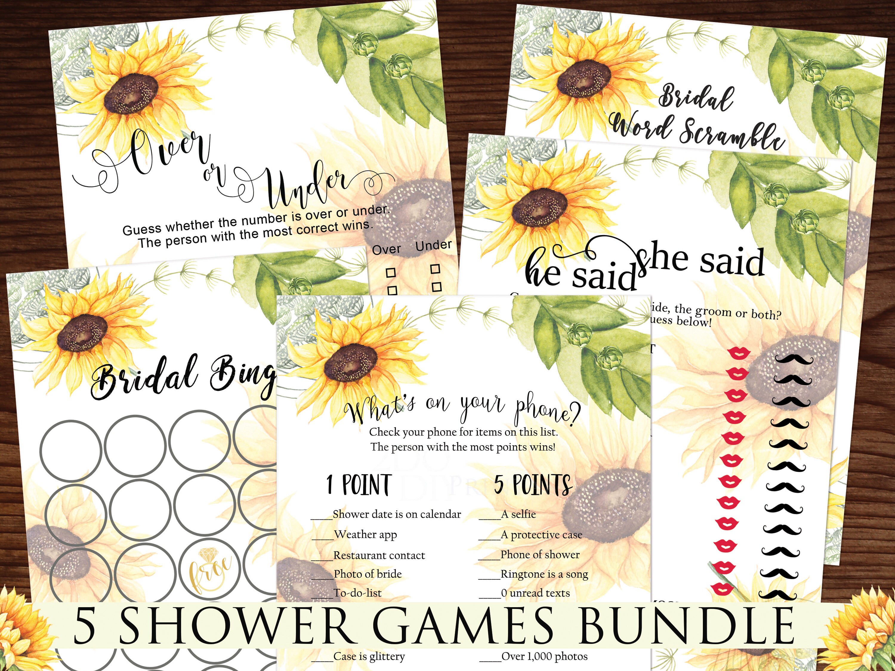 Sunflower Bridal Shower Games Bundle with Five Games/ He Said Etsy