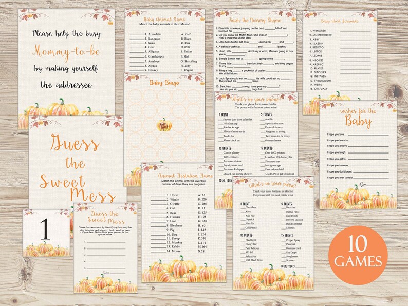 Instant Download Pumpkin Baby Shower Games Bundle Little Pumpkin Shower Printable Pumpkin Shower Games| Rustic Shower Games