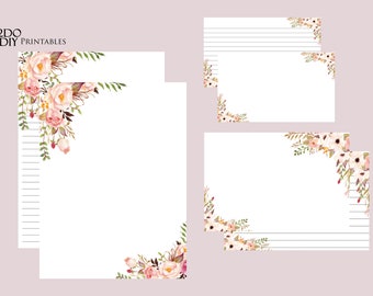 BLUSH Boho Floral Stationery Set  | Printable Writing Paper | 8.5x11 | Pink Bouquet | Lined | Unlined Paper | Note Cards| Instant Download